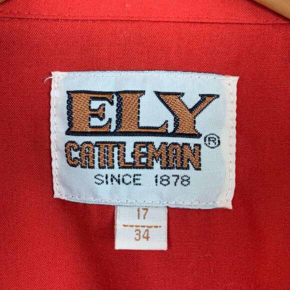 Vtg Ely Cattlemen Pearl Snap Shirt Red Western Cowboy Rodeo Americana Size 17/34 - Picture 6 of 10